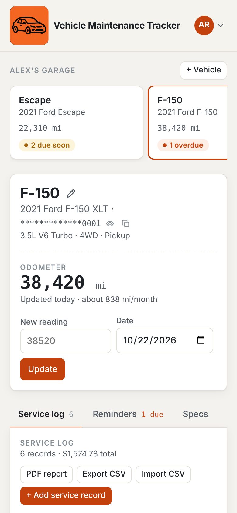 The app on a phone, showing the F-150's odometer and the service log.